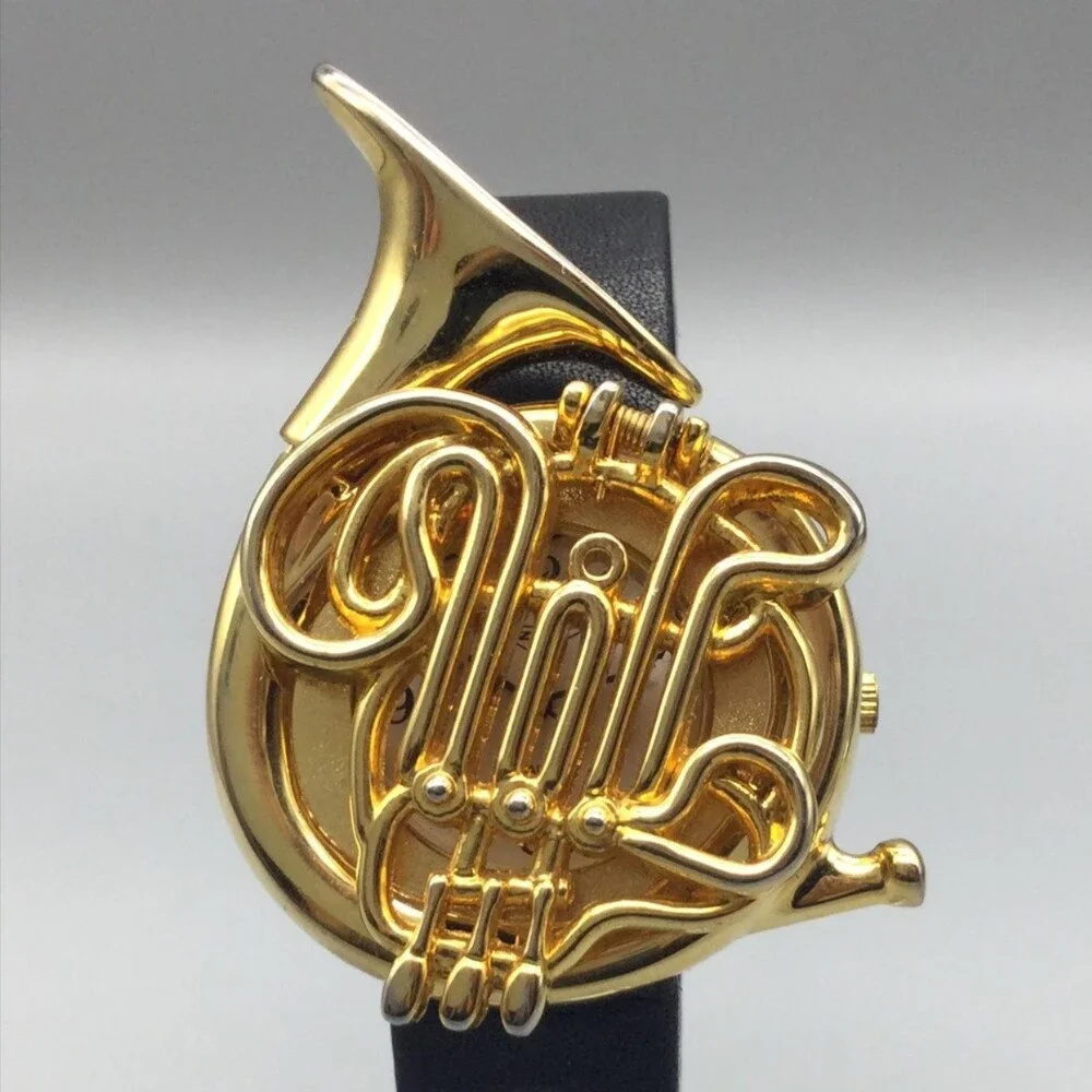 French Horn Hidden Dial Womens Watch 36mm Gold Tone Black Strap New Battery